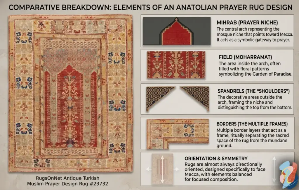 Anatolian turkish prayer rug design pattern elements by rugsonnet