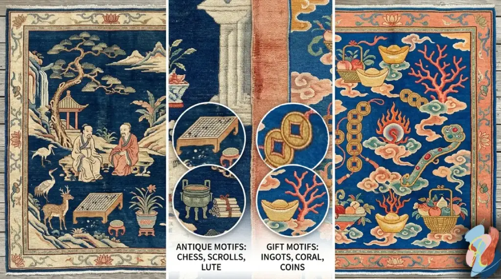 Hundred gifts (ba jiao) vs. Hundred antiques (bo gu tu) - by rugsonnet