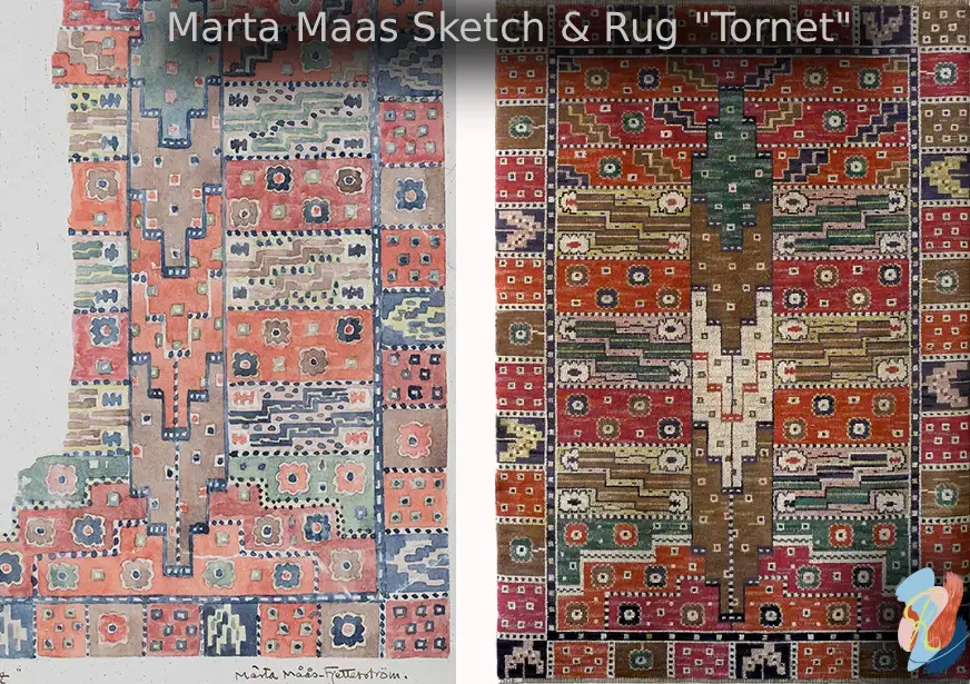Marta Maas-Fjetterstrom Sketch and Rug For The Waldorf Astoria Commission of the "Tornet" (Tower) Rya rug