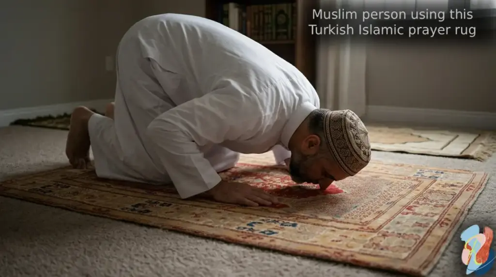 Muslim person using the turkish islamic prayer rug by rugsonnet