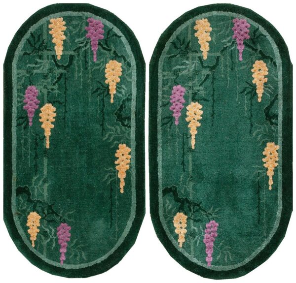 1920s knotted antique green chinese - art deco small scatter size wool rectangleval rug 1 1920s antique green chinese art deco carpet 2'×4' hand-knotted wool