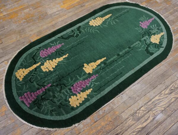 1920s knotted antique green chinese - art deco small scatter size wool rectangleval rug 10 1920s antique green chinese art deco carpet 2'×4' hand-knotted wool - detail view 9