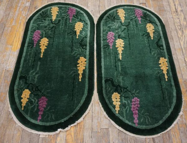 1920s knotted antique green chinese - art deco small scatter size wool rectangleval rug 2 1920s antique green chinese art deco carpet 2'×4' hand-knotted wool - detail view 1