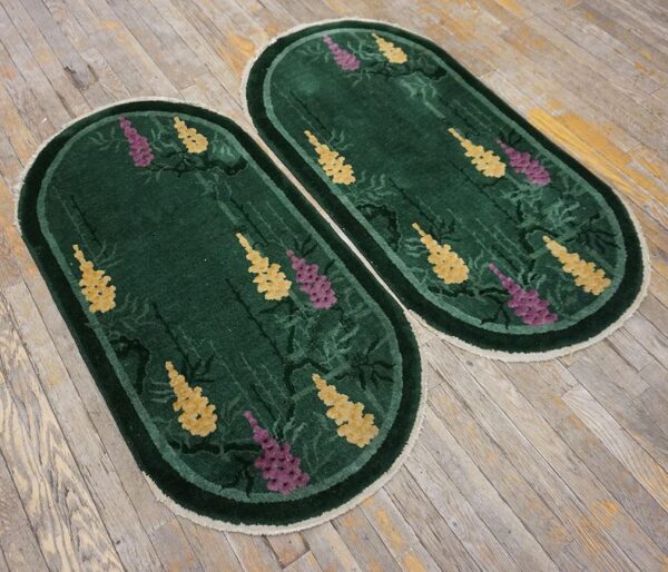 1920s knotted antique green chinese - art deco small scatter size wool rectangleval rug 3 1920s antique green chinese art deco carpet 2'×4' hand-knotted wool - detail view 2