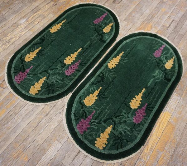 1920s knotted antique green chinese - art deco small scatter size wool rectangleval rug 5 1920s antique green chinese art deco carpet 2'×4' hand-knotted wool - detail view 4