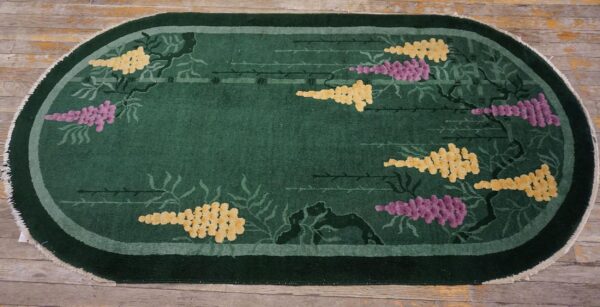 1920s knotted antique green chinese - art deco small scatter size wool rectangleval rug 6 1920s antique green chinese art deco carpet 2'×4' hand-knotted wool - detail view 5