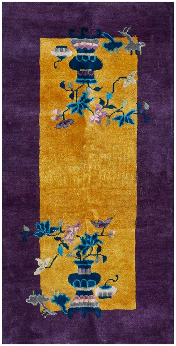 Small scatter size chinese - art deco antique rectangle yellow 1920s knotted wool rug 1 1920s antique yellow chinese art deco carpet 2'×3'10" hand-knotted wool