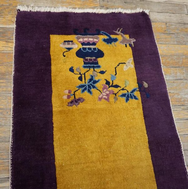 Small scatter size chinese - art deco antique rectangle yellow 1920s knotted wool rug 2 1920s antique yellow chinese art deco carpet 2'×3'10" hand-knotted wool - detail view 1