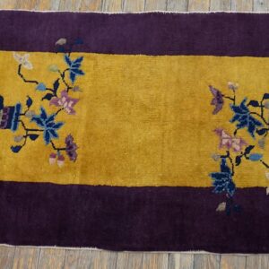 1920s Antique Yellow Chinese Art Deco Carpet 2'×3'10" Hand-Knotted Wool - detail view 2