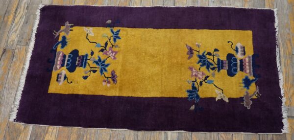 Small scatter size chinese - art deco antique rectangle yellow 1920s knotted wool rug 3 1920s antique yellow chinese art deco carpet 2'×3'10" hand-knotted wool - detail view 2
