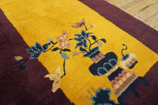 Small scatter size chinese - art deco antique rectangle yellow 1920s knotted wool rug 4 1920s antique yellow chinese art deco carpet 2'×3'10" hand-knotted wool - detail view 3