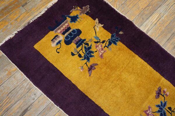 Small scatter size chinese - art deco antique rectangle yellow 1920s knotted wool rug 6 1920s antique yellow chinese art deco carpet 2'×3'10" hand-knotted wool - detail view 5