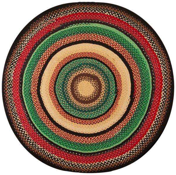 Antique american braided folk art rug 9' round, jewel tone colors