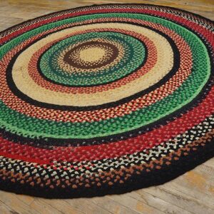 Antique American Braided Folk Art Rug 9' Round, Jewel Tone Colors - detail view 2