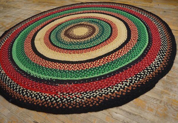 Antique american braided folk art rug 9' round, jewel tone colors - detail view 2