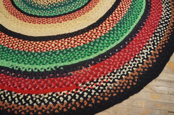 Antique american braided folk art rug 9' round, jewel tone colors - detail view 3