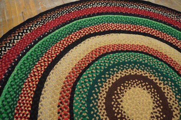 Antique american braided folk art rug 9' round, jewel tone colors - detail view 4