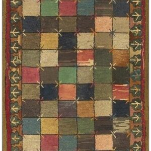 Antique American Hooked Folk Art Rug 3'×7'1" Multicolor Checkerboard X-Motif, 1880s