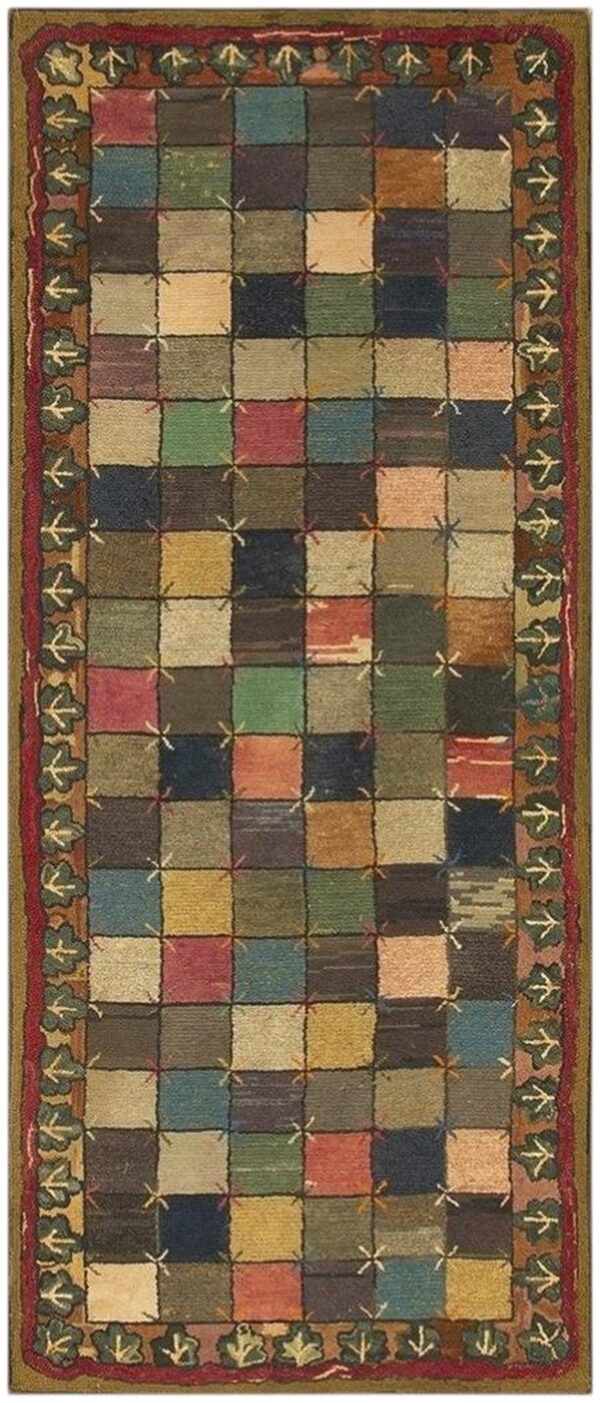 Antique american hooked folk art rug 3'×7'1" multicolor checkerboard x-motif, 1880s