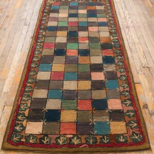 Antique American Hooked Folk Art Rug 3'×7'1" Multicolor Checkerboard X-Motif, 1880s - detail view 1