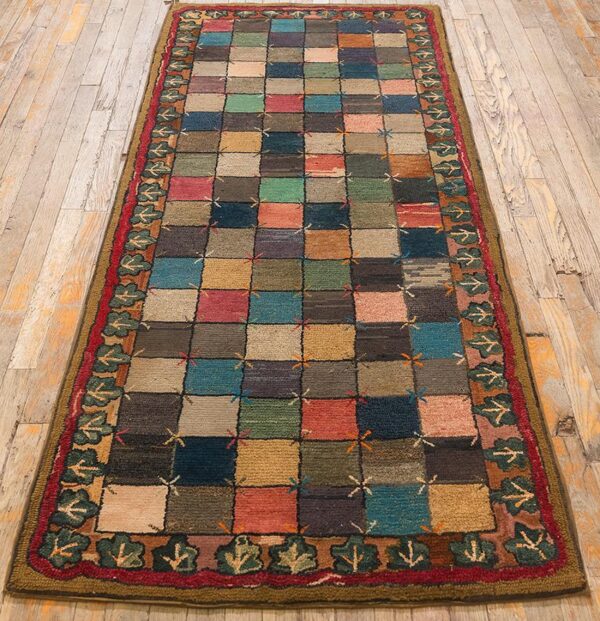 Antique american hooked folk art rug 3'×7'1" multicolor checkerboard x-motif, 1880s - detail view 1