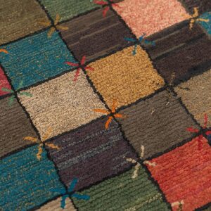Antique American Hooked Folk Art Rug 3'×7'1" Multicolor Checkerboard X-Motif, 1880s - detail view 2