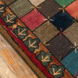 Antique American Hooked Folk Art Rug 3'×7'1" Multicolor Checkerboard X-Motif, 1880s - detail view 3
