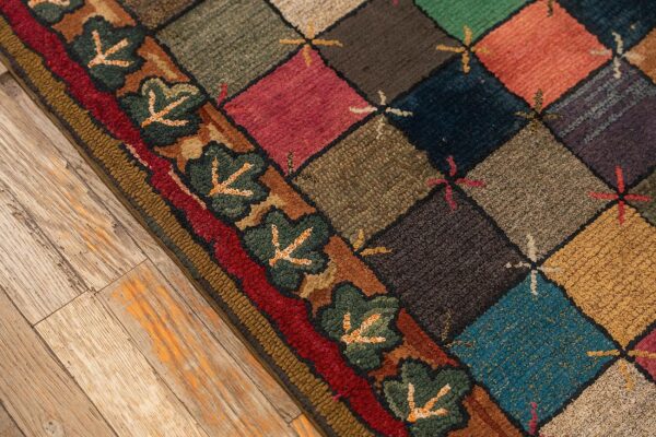 Antique american hooked folk art rug 3'×7'1" multicolor checkerboard x-motif, 1880s - detail view 3