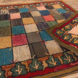 Antique American Hooked Folk Art Rug 3'×7'1" Multicolor Checkerboard X-Motif, 1880s - detail view 4