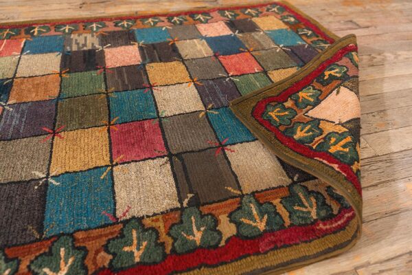 Antique american hooked folk art rug 3'×7'1" multicolor checkerboard x-motif, 1880s - detail view 4