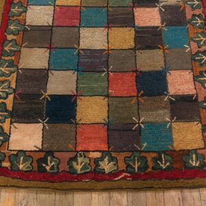 Antique American Hooked Folk Art Rug 3'×7'1" Multicolor Checkerboard X-Motif, 1880s - detail view 5