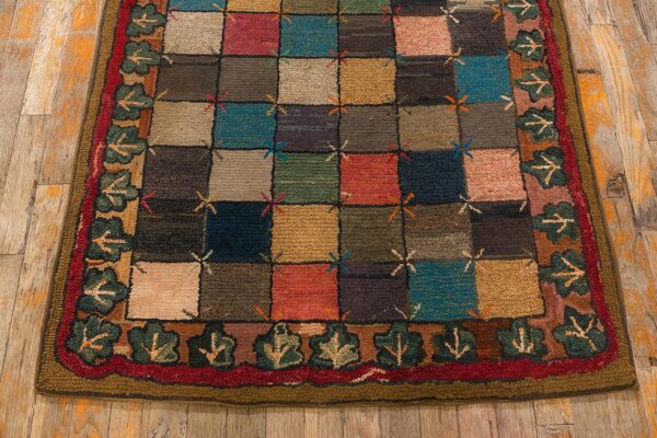 Antique american hooked folk art rug 3'×7'1" multicolor checkerboard x-motif, 1880s - detail view 5