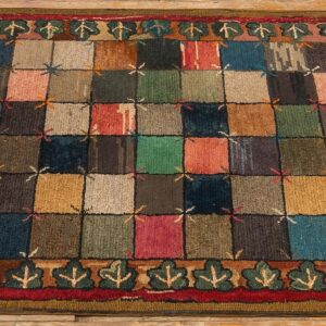 Antique American Hooked Folk Art Rug 3'×7'1" Multicolor Checkerboard X-Motif, 1880s - detail view 6