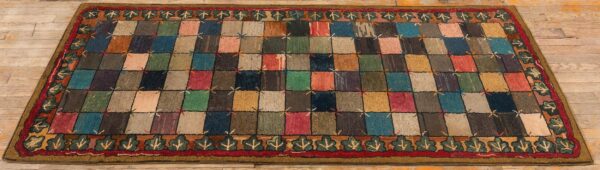 Antique american hooked folk art rug 3'×7'1" multicolor checkerboard x-motif, 1880s - detail view 6
