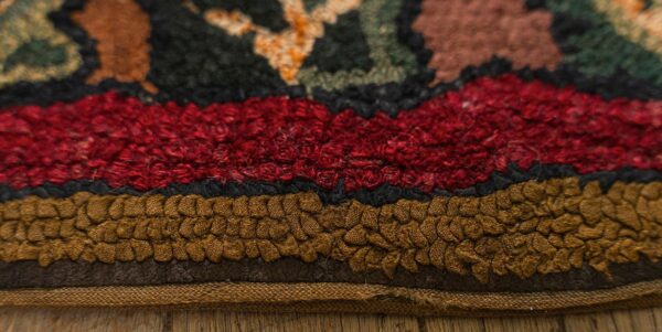 Antique american hooked folk art rug 3'×7'1" multicolor checkerboard x-motif, 1880s - detail view 7