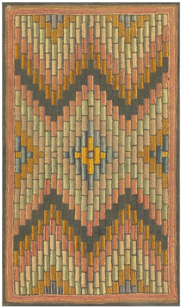 Antique american hooked folk art rug 3'4"×5'7" multicolor geometric, 1880s