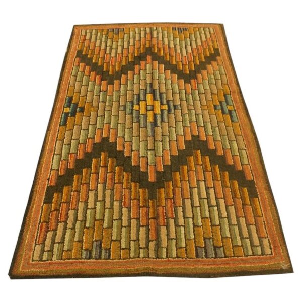 Antique american hooked folk art rug 3'4"×5'7" multicolor geometric, 1880s - detail view 1
