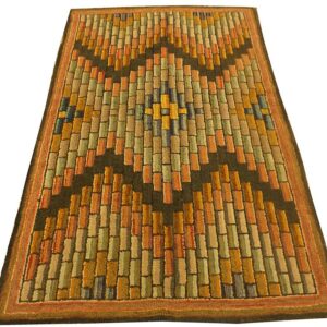Antique American Hooked Folk Art Rug 3'4"×5'7" Multicolor Geometric, 1880s - detail view 2