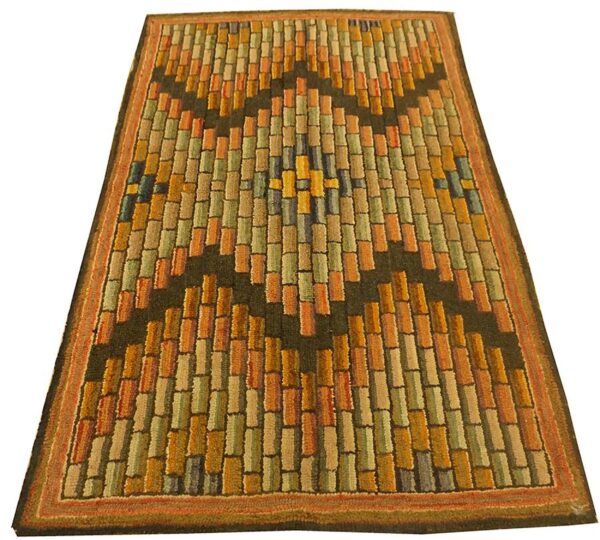 Antique american hooked folk art rug 3'4"×5'7" multicolor geometric, 1880s - detail view 2