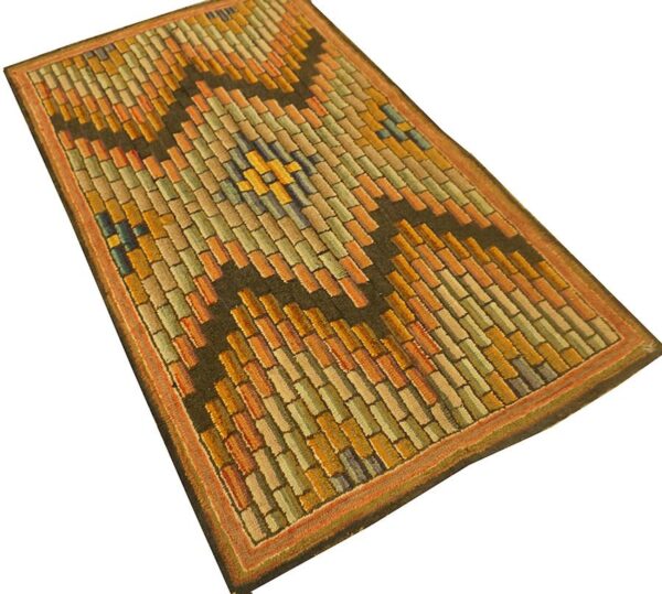 Antique american hooked folk art rug 3'4"×5'7" multicolor geometric, 1880s - detail view 3