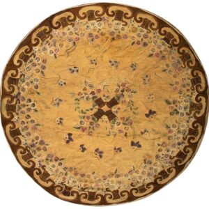 Antique American Hooked Round Rug 8'5" Diameter Beige Ground, Floral Folk Art, 1880s