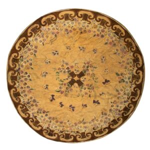 Antique American Hooked Round Rug 8'5" Diameter Beige Ground, Floral Folk Art, 1880s - detail view 1