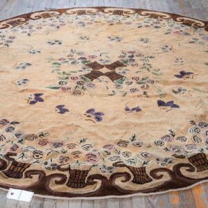 Antique American Hooked Round Rug 8'5" Diameter Beige Ground, Floral Folk Art, 1880s - detail view 2