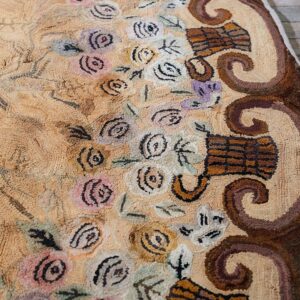 Antique American Hooked Round Rug 8'5" Diameter Beige Ground, Floral Folk Art, 1880s - detail view 3