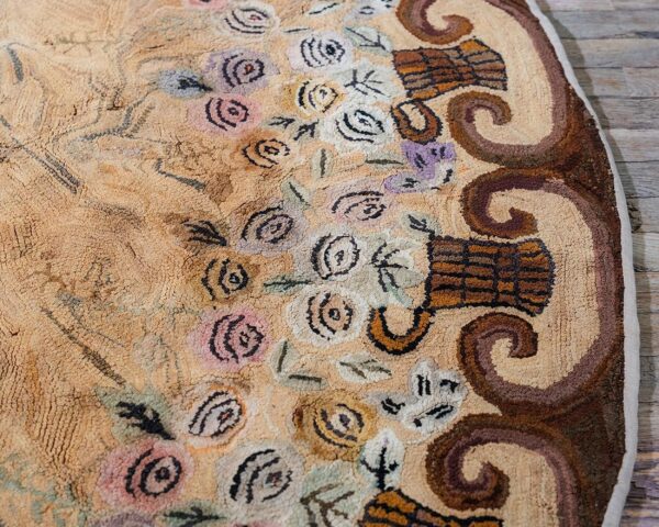 Antique american hooked round rug 8'5" diameter beige ground, floral folk art, 1880s - detail view 3