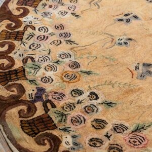 Antique American Hooked Round Rug 8'5" Diameter Beige Ground, Floral Folk Art, 1880s - detail view 4