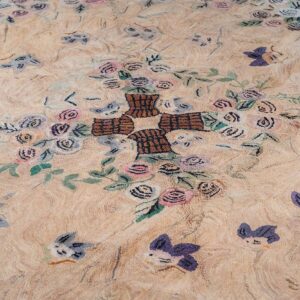 Antique American Hooked Round Rug 8'5" Diameter Beige Ground, Floral Folk Art, 1880s - detail view 5