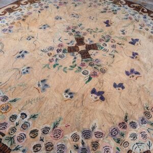 Antique American Hooked Round Rug 8'5" Diameter Beige Ground, Floral Folk Art, 1880s - detail view 6