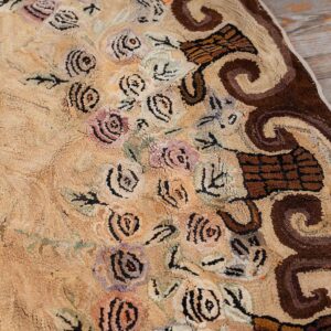 Antique American Hooked Round Rug 8'5" Diameter Beige Ground, Floral Folk Art, 1880s - detail view 7