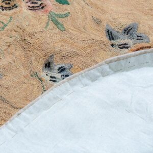 Antique American Hooked Round Rug 8'5" Diameter Beige Ground, Floral Folk Art, 1880s - detail view 8